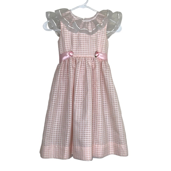 Vintage Other - Vintage 80s Sylvia Whyte Pink White Checked Ruffled Collar Tie Sash Dress Sz 6X